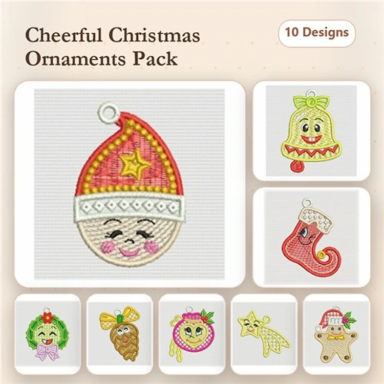 FSL Christmas Ornament Embroidery Designs Bundle – Santa Hat, Christmas Bell, Wreath & More (10 Designs)