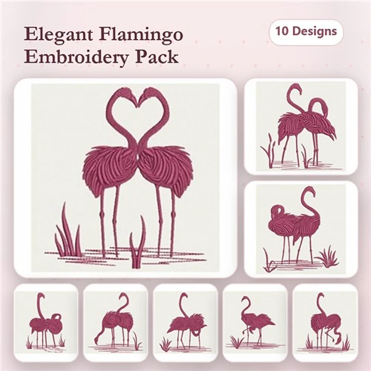 Redwork Flamingo Embroidery Bundle – Flamingo Couple, Single Flamingo Standing, Flamingo with Heart & More (10 Designs)