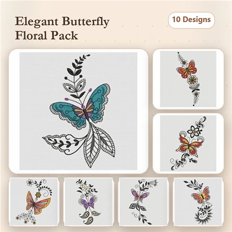Butterfly Floral Embroidery Designs Bundle – Elegant Butterfly with Leaves, Colorful Swirling Butterfly, & More (10 Designs)