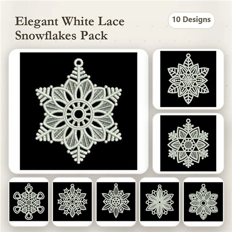 FSL Elegant Lace Snowflake Embroidery Designs Bundle – Snowflake Ornament, Intricate Star, Layered Snowflake & More (10 Designs)