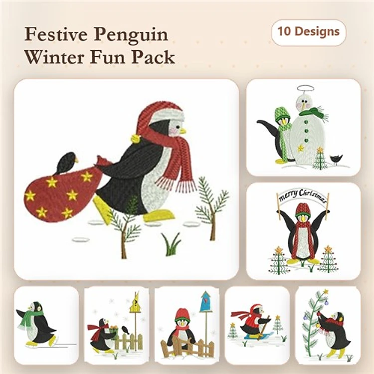 Festive Penguins Embroidery Designs Bundle – Penguin with Sack, Snowman with Penguin, Penguin Family & More (10 Designs)