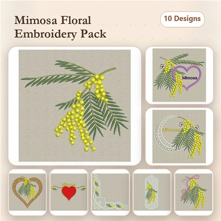 Mimosa Floral Embroidery Designs Bundle – Mimosa Branch with Flowers, Mimosa Heart, Mimosa Floral Frame & More (10 Designs)