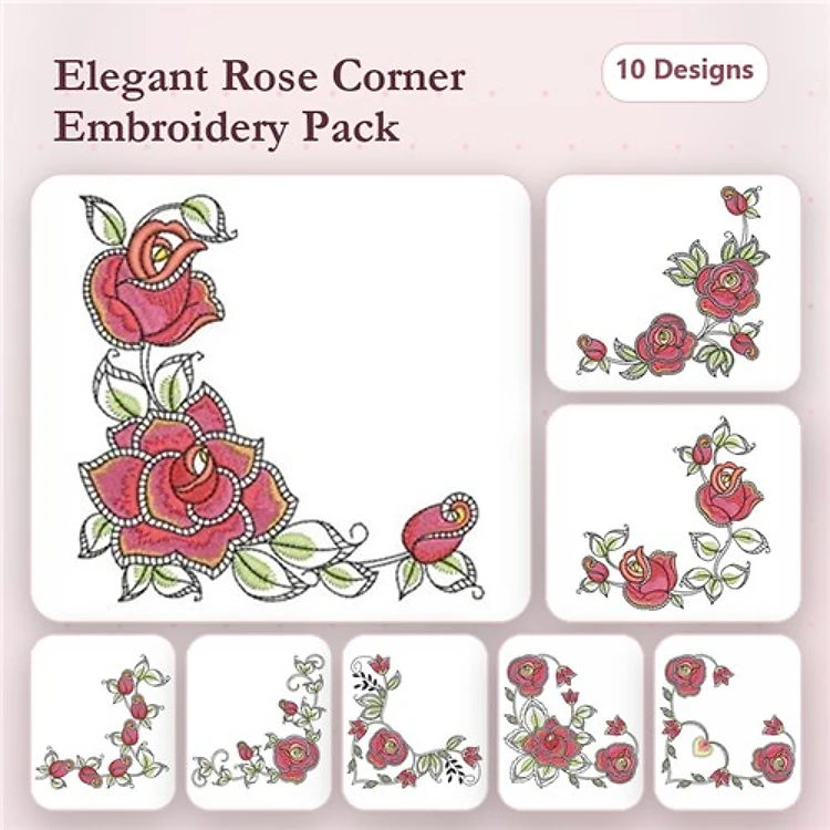 Elegant Rose Corner Embroidery Designs Bundle – Large Rose Corner, Small Rose Corner with Bud, Rose Bouquet Corner & More (10 Designs)