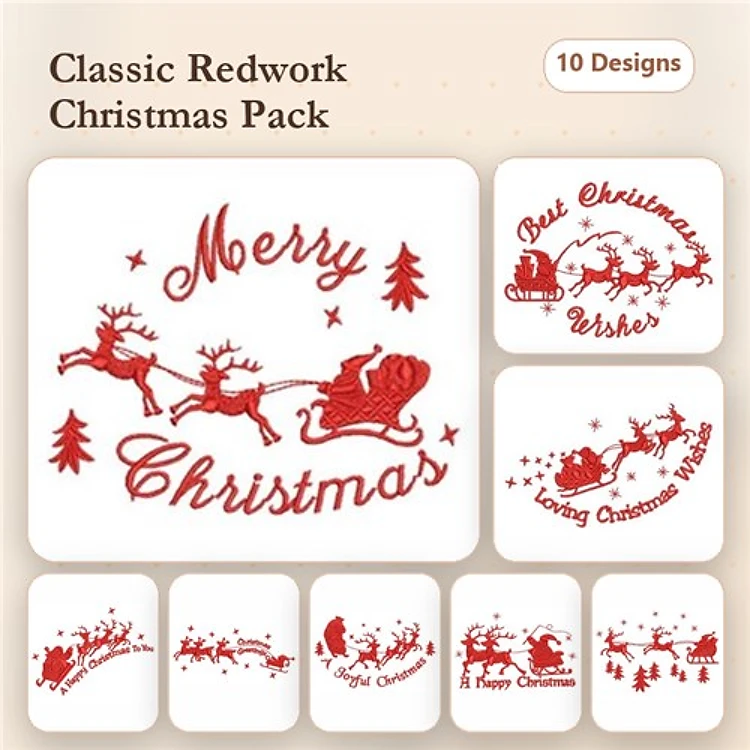Redwork Christmas Embroidery Designs Bundle – Merry Christmas with Sleigh and Reindeer, Santa in Sleigh & More (10 Designs)