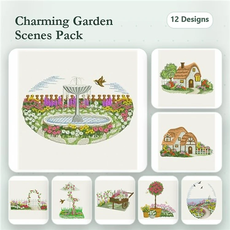 Garden Embroidery Designs Bundle – Fountain, Cottage, Birdhouse, Flower Archway & More (12 Designs)
