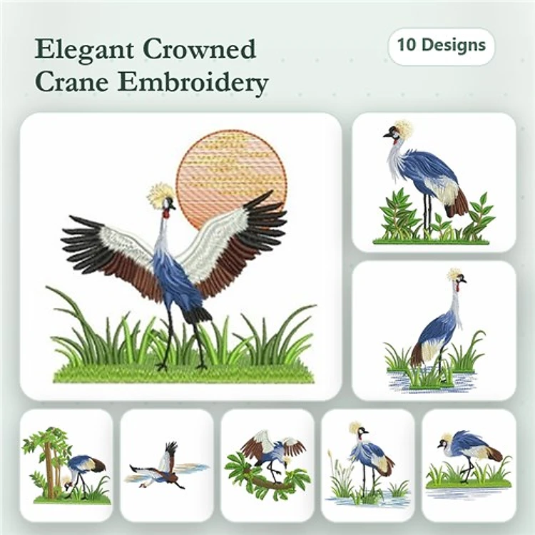 Crowned Crane Embroidery Bundle – Crane in Flight, By Sun, Standing & More (10 Designs)