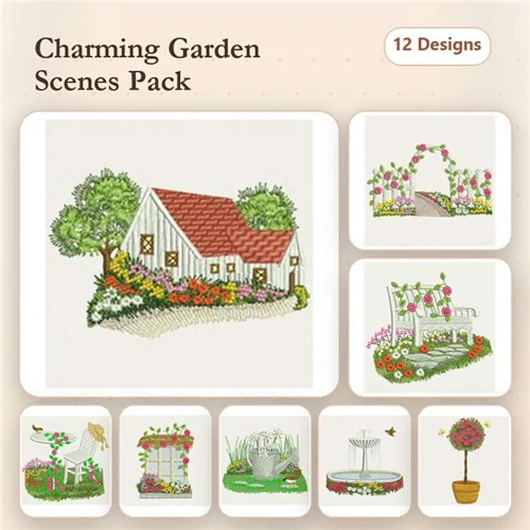 Charming Garden Scenes Embroidery Designs Bundle – Garden House, Flower Arch, Bird Bath & More (12 Designs)