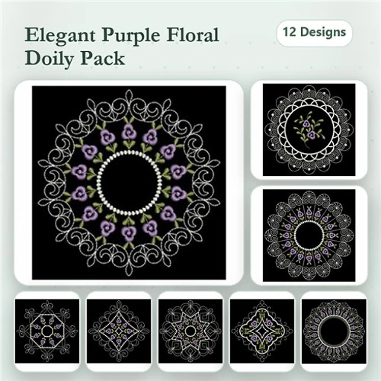 Floral Doilies Embroidery Designs Bundle – Floral Doily with Vines, Lace Floral Doily, Elegant Flower Doily & More (12 Designs)