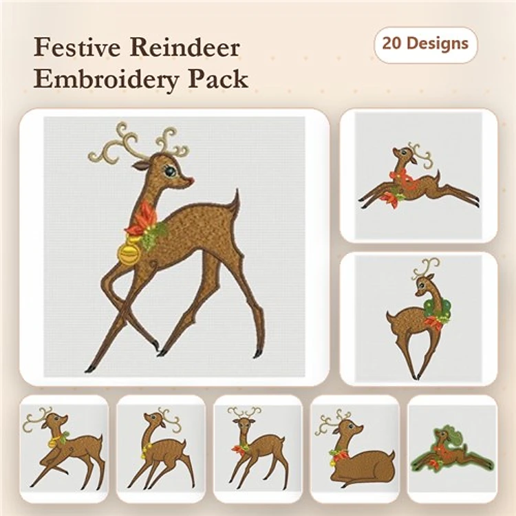 Festive Reindeer Embroidery Designs Bundle – Reindeer with Ornament, Reindeer with Garland, Leaping Reindeer & More (20 Designs)