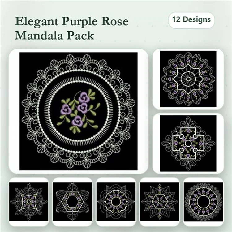 Roses Mandala Embroidery Designs Bundle – Elegant Purple Rose Mandala, Floral Lace Mandala & More (12 Designs)