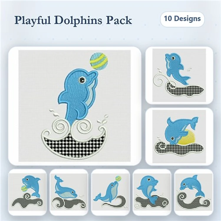 Dolphin Embroidery Designs Bundle – Dolphin with Ball, Dolphin Splashing, Dolphin Jumping & More (10 Designs)