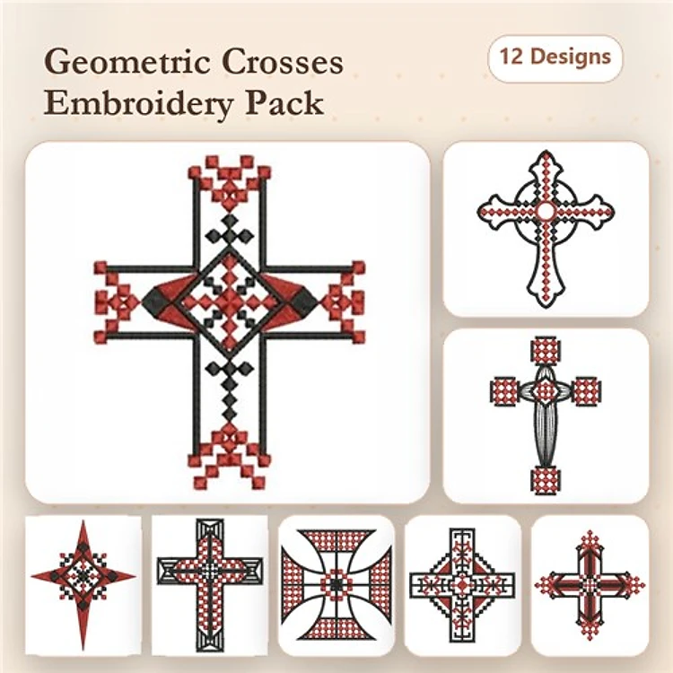 Geometric Cross Embroidery Designs Bundle – Geometric Cross with Diamonds, Decorative Geometric Cross, & More (12 Designs)