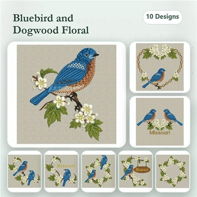 Bluebird & Dogwood Floral Embroidery Designs Bundle – Bluebird with Dogwood, Bluebird on Branch, & More (10 Designs)