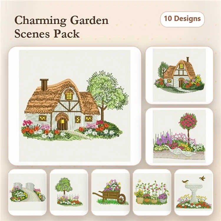 Charming Garden Embroidery Designs Bundle – Thatched Cottage, Flowering Tree, Garden Wheelbarrow & More (10 Designs)