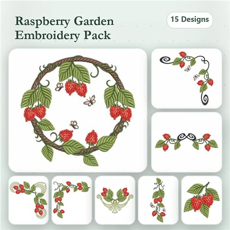 Raspberry Embroidery Designs Bundle – Raspberry Wreath, Single Raspberry with Leaves & More (15 Designs)