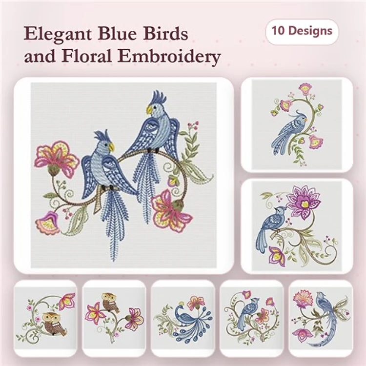 Blue Birds and Floral Embroidery Bundle – Blue Bird on Floral Branch, Blue Bird with Pink Flowers, & More (10 Designs)