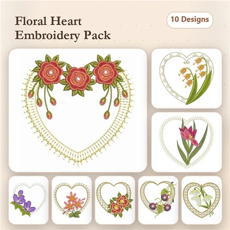 Floral Heart Embroidery Designs Bundle – Floral Heart with Roses, Tulip Heart, Violet Heart & More (10 Designs)