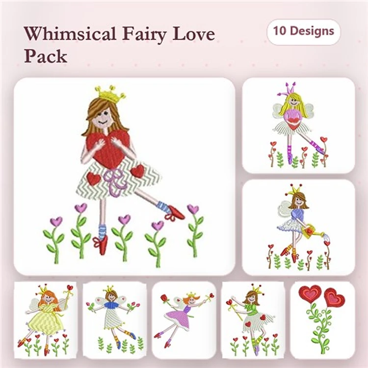 Fairy Characters with Hearts Embroidery Designs Bundle – Girl with Heart, Dancing Fairy, Heart Bouquet & More (10 Designs)