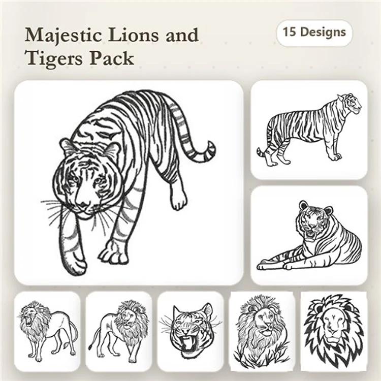 Wild Animal Embroidery Bundle – Lion Head, Roaring Lion, Tiger Walking & More (15 Designs)