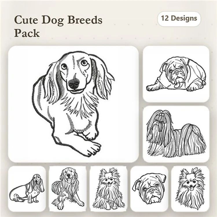 Dachshund & Bulldog Embroidery Bundle – Cute Dog Breeds (12 Designs)