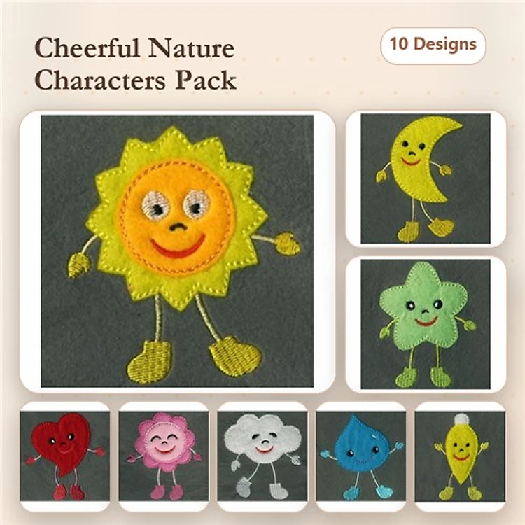 Applique Cheerful Nature Characters Embroidery Designs Bundle – Sun, Moon, Star, Heart & More (10 Designs)