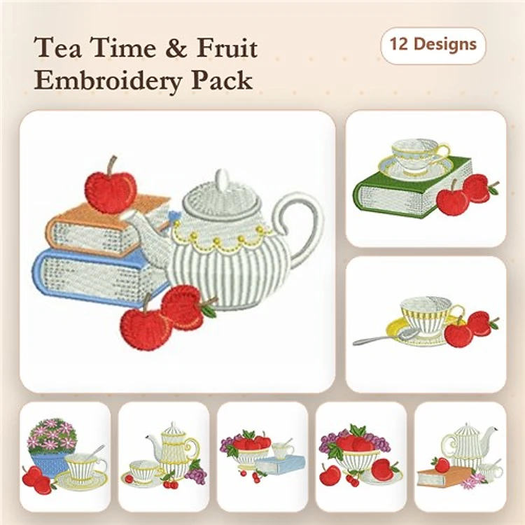 Tea Time Embroidery Designs Bundle – Teapot, Teacup, Apples & More (12 Designs)