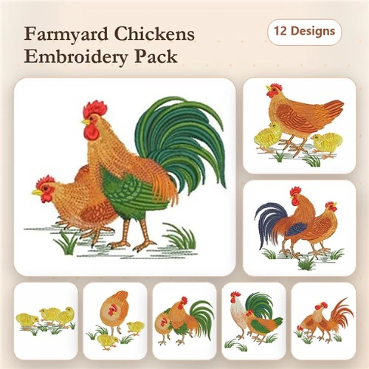 Farmyard Chickens Embroidery Bundle – Rooster, Hen, Chick with Yellow Feathers & More (12 Designs)