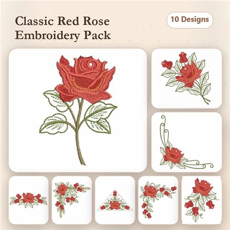 Floral Embroidery Designs Bundle – Classic Red Roses, Red Rose Bouquet, Rose Branch Design & More (10 Designs)