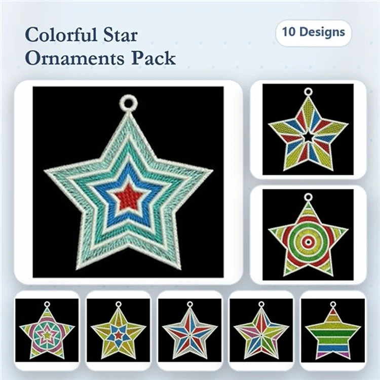 FSL Colorful Star Ornament Embroidery Bundle – Blue & Green, Red Center, Multi-Colored & More (10 Designs)