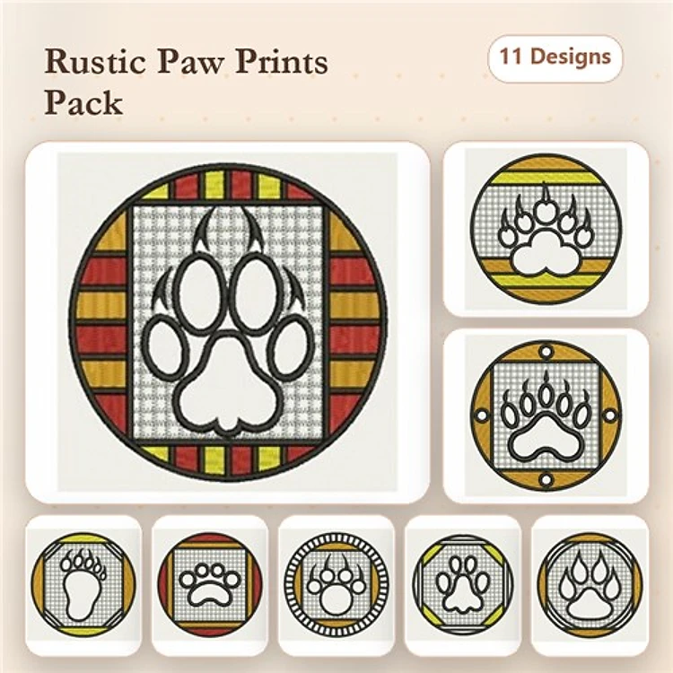Paw Print Embroidery Bundle – Paw Print with Grid, Paw Print with Stripes, Paw Print with Borders & More (11 Designs)