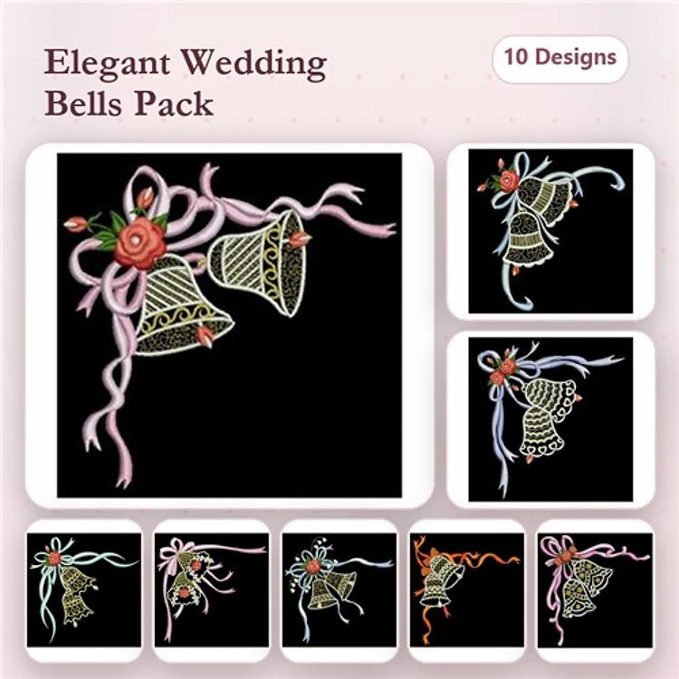 Wedding Bells Embroidery Designs Bundle – Wedding Bells with Ribbons and Roses, Decorative Wedding Bell, & More (10 Designs)