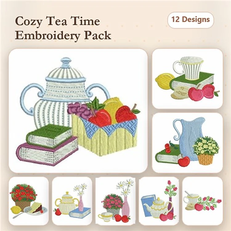 Cozy Tea Time Elements Embroidery Designs Bundle – Teapot with Fruit, Mug with Lemon, Pitcher with Flowers & More (12 Designs)