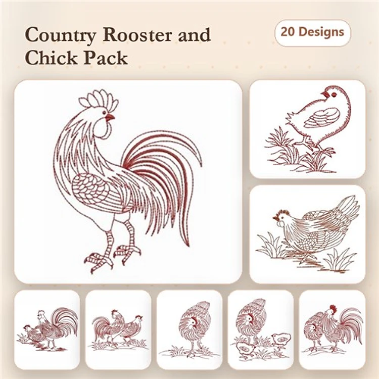 Redwork Roosters and Chicks Embroidery Bundle – Rooster, Chick, Hen & More (20 Designs)