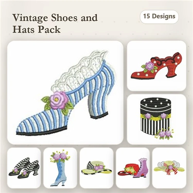 Vintage Shoes & Hats Embroidery Designs Bundle – Blue Striped Vintage Shoe, Red Vintage Shoe with Flowers & More (15 Designs)
