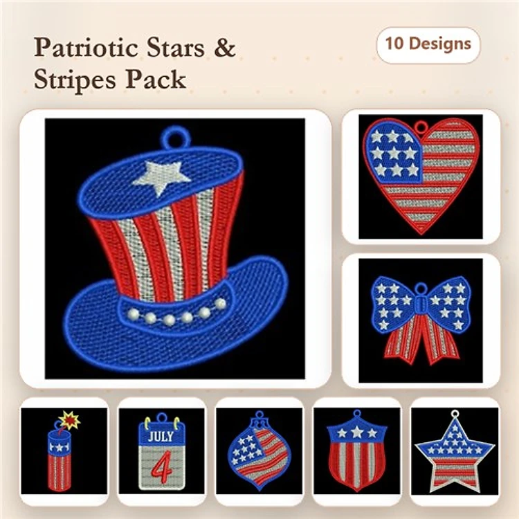 FSL Patriotic Embroidery Designs Bundle – Top Hat, Star Ornament, Bow & More (10 Designs)