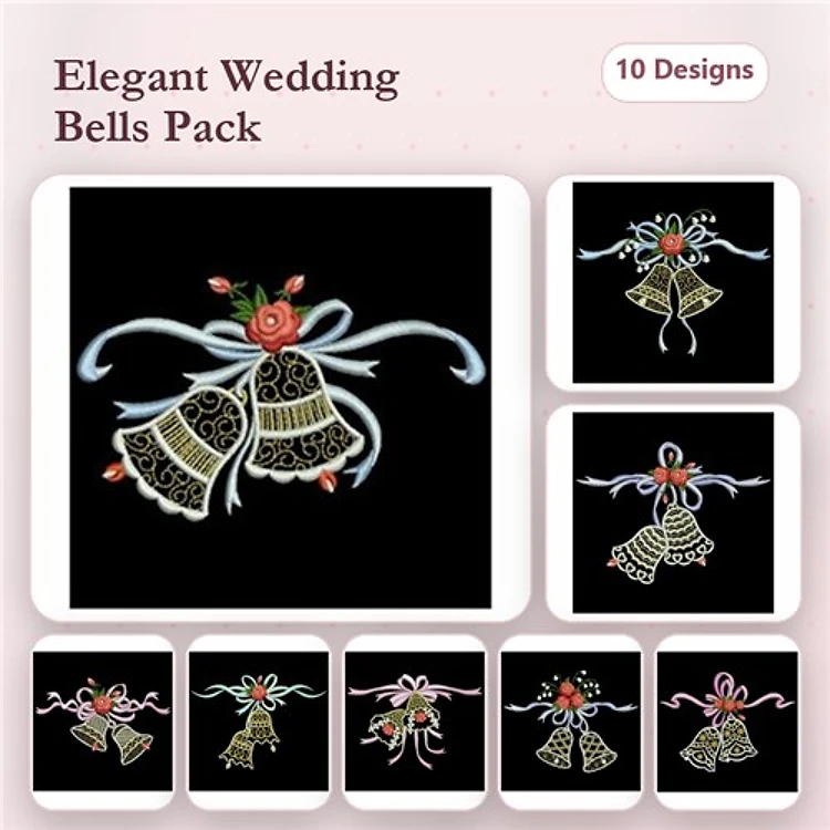 Elegant Wedding Bells Embroidery Designs Bundle – Decorative Wedding Bell with Roses, Bell with Bow & More (10 Designs)