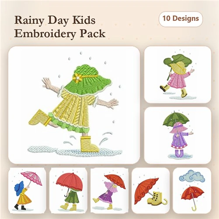 Children Playing in the Rain Embroidery Designs Bundle – Raincoat Kids, Colorful Umbrellas, & More (10 Designs)