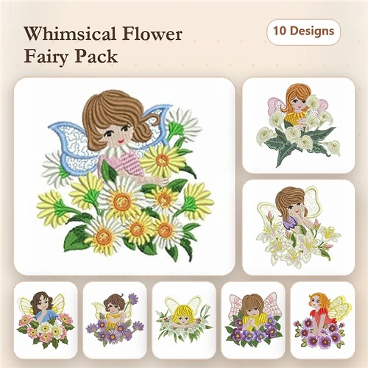Flower Fairy Embroidery Designs Bundle – Daisies, Daffodils, Lilacs & More (10 Designs)
