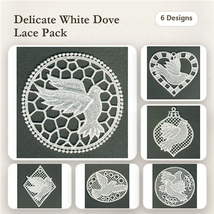 FSL Delicate White Doves Embroidery Designs Bundle – Dove Ornament with Honeycomb, Dove in Heart, Dove in Circle & More (6 Designs)