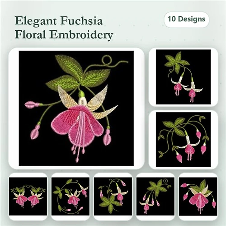 Fuchsia Floral Embroidery Designs Bundle – Fuchsia Flower with Leaves, Fuchsia Blossom, Fuchsia Vine & More (10 Designs)