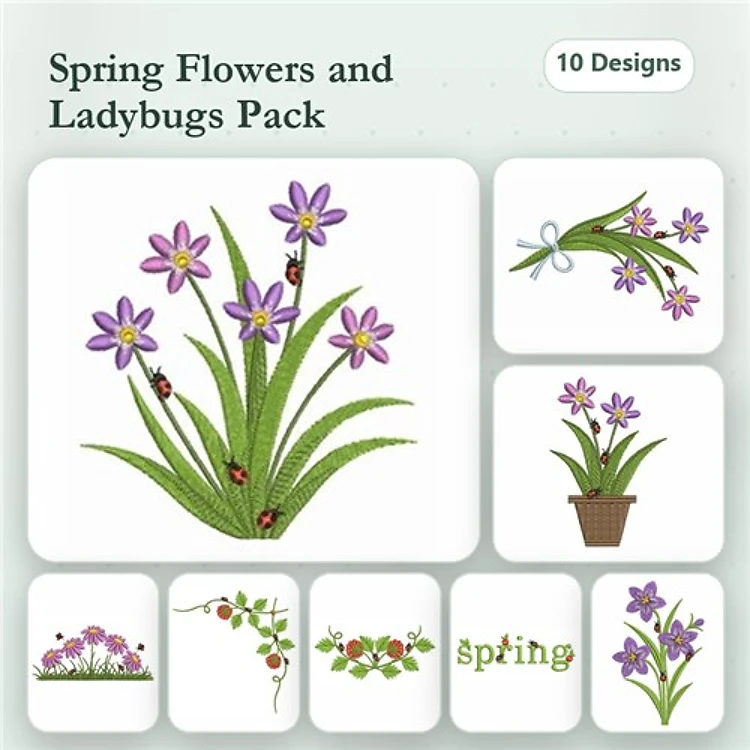 Spring Floral Embroidery Designs Bundle – Purple Flowers, Ladybugs, Potted Flower & More (10 Designs)