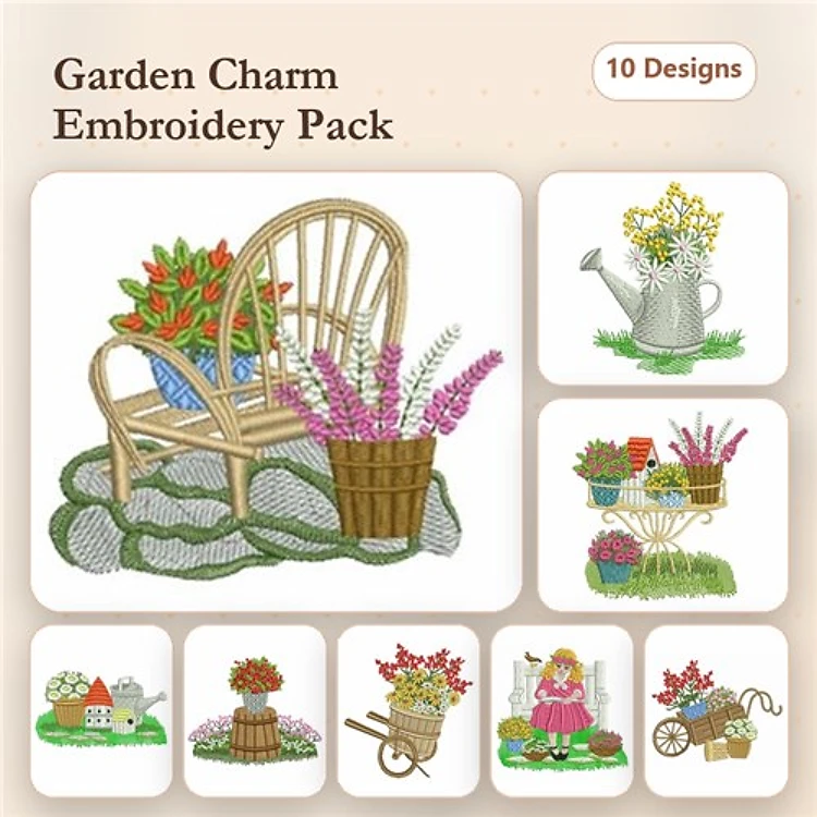 Garden-Themed Embroidery Bundle – Garden Chair, Watering Can, Flower Basket & More (10 Designs)