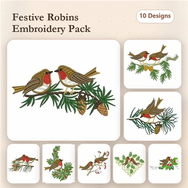 Festive Robins Embroidery Designs Bundle – Two Robins on Pine Branch, Robin with Berries & More (10 Designs)