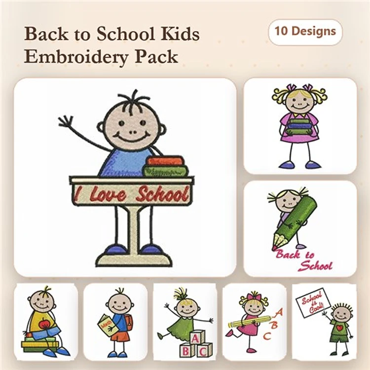 Back to School Kids Embroidery Designs Bundle – Boy with School Desk, Girl with Ponytails, Pencil with Text & More (10 Designs)