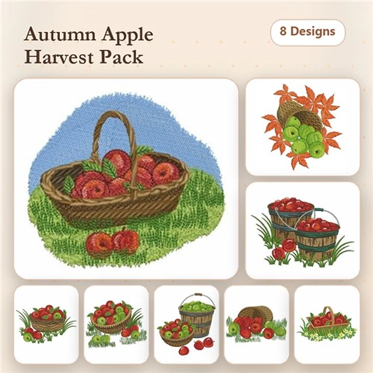 Autumn Apple Harvest Embroidery Designs Bundle – Apple Basket, Barrel of Apples, & More (8 Designs)