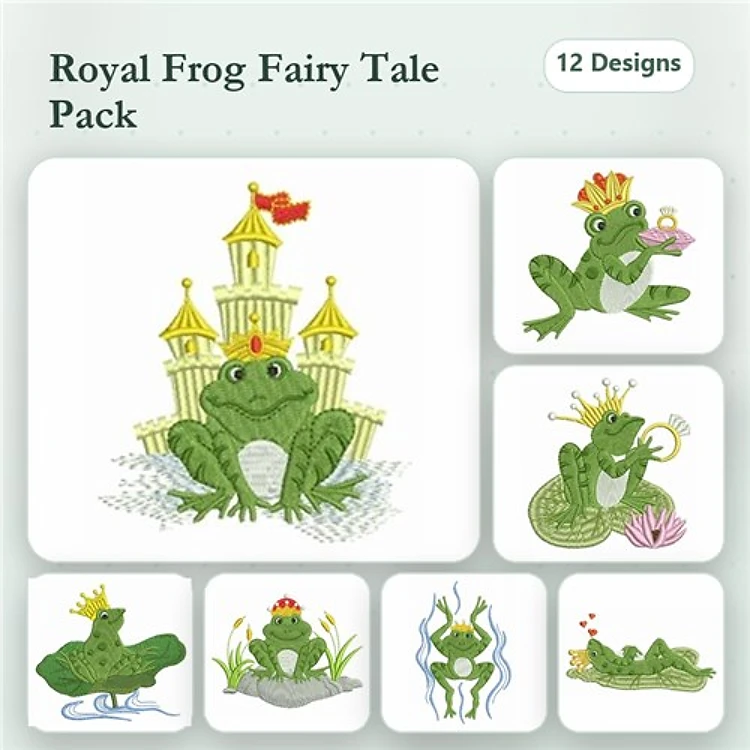 Royal Frog Fairy Tale Embroidery Bundle – Royal Frog with Castle, Frog with Crown and Drink & More (12 Designs)