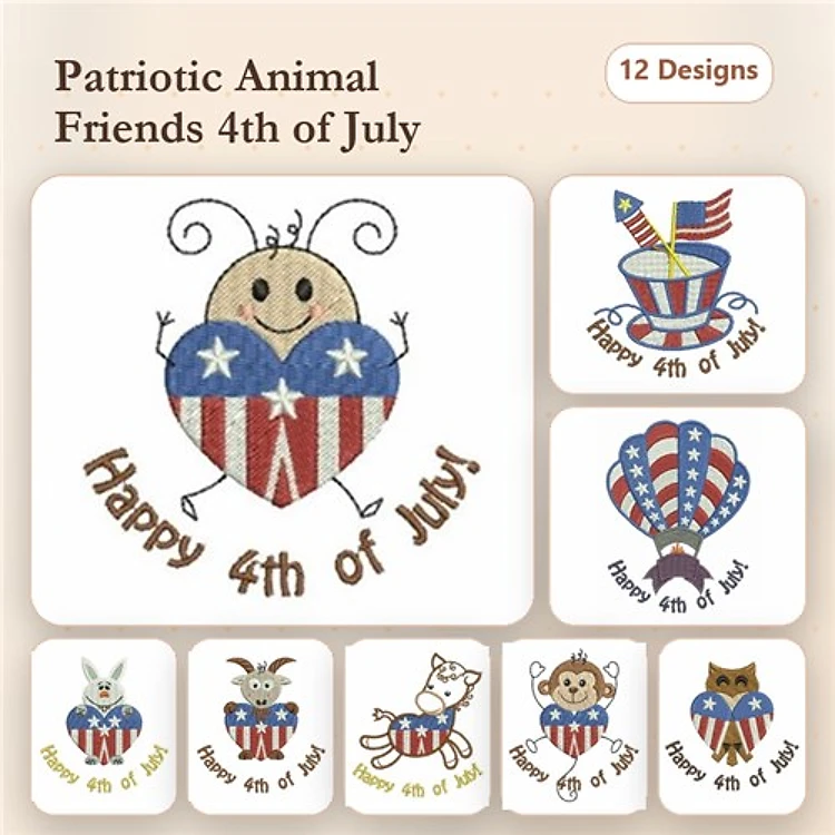 Patriotic Animals Embroidery Designs Bundle – Bee with Patriotic Heart, Hot Air Balloon, Goat & More (12 Designs)