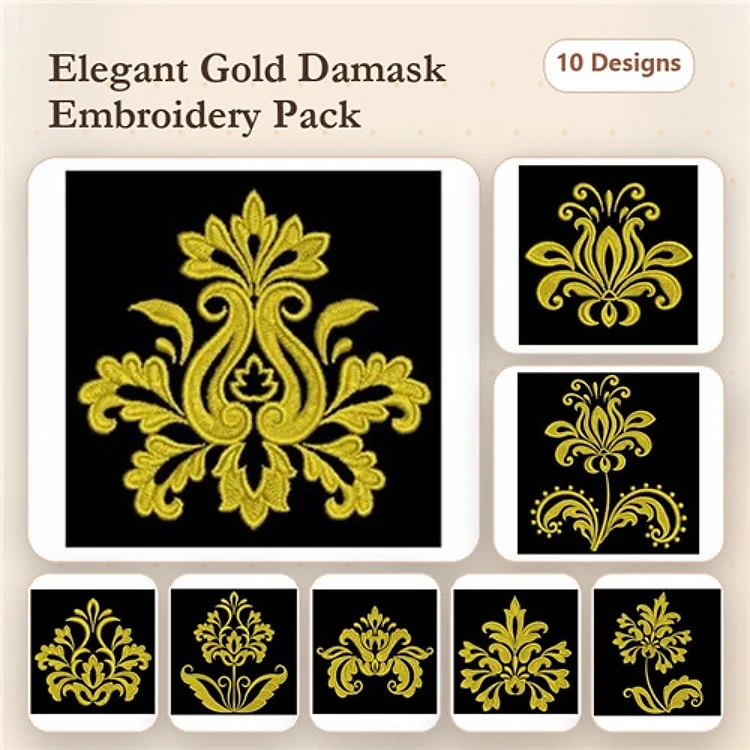 Ornate Gold Damask Embroidery Bundle – Elegant Floral Designs & More (10 Designs)