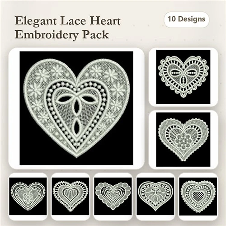 FSL Lace Heart Embroidery Designs Bundle – Lace Heart with Flowers, Heart Ornament with Bow, Ornate Lace Heart & More (10 Designs)