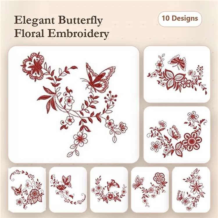 Redwork Elegant Butterfly Floral Embroidery Designs Bundle – Butterfly with Floral Wreath, Floral Bouquet with Butterfly & More (10 Designs)